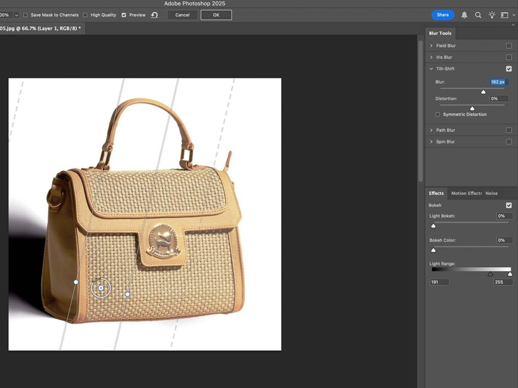Editing an image in Adobe Photoshop, focusing on adjusting lines for realistic shadow blur effects.