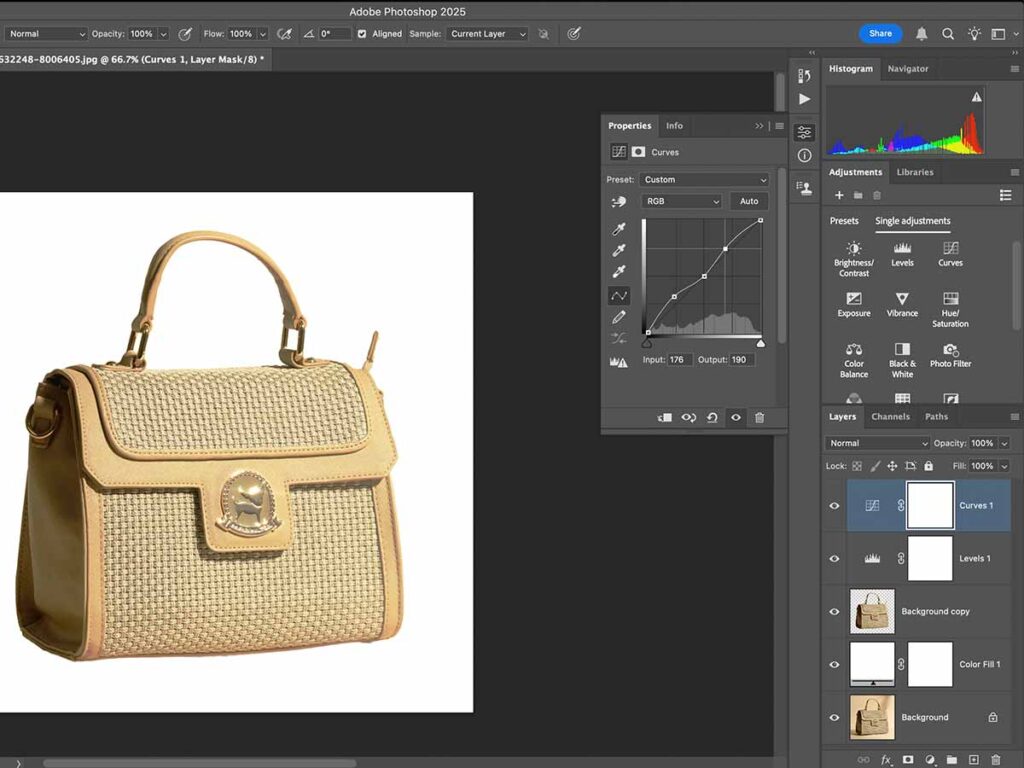 Handbag displayed in Adobe Photoshop, emphasizing color correction techniques for product enhancement.