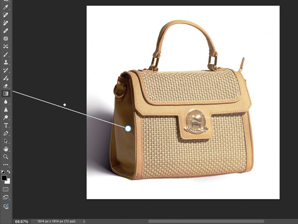 Handbag shown in Adobe Photoshop, featuring guidance on adjusting shadow opacity and brush settings for refinement.