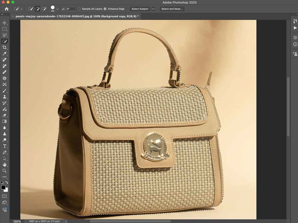 A handbag displayed in Adobe Photoshop, with tools for selecting and painting areas around the object for editing.