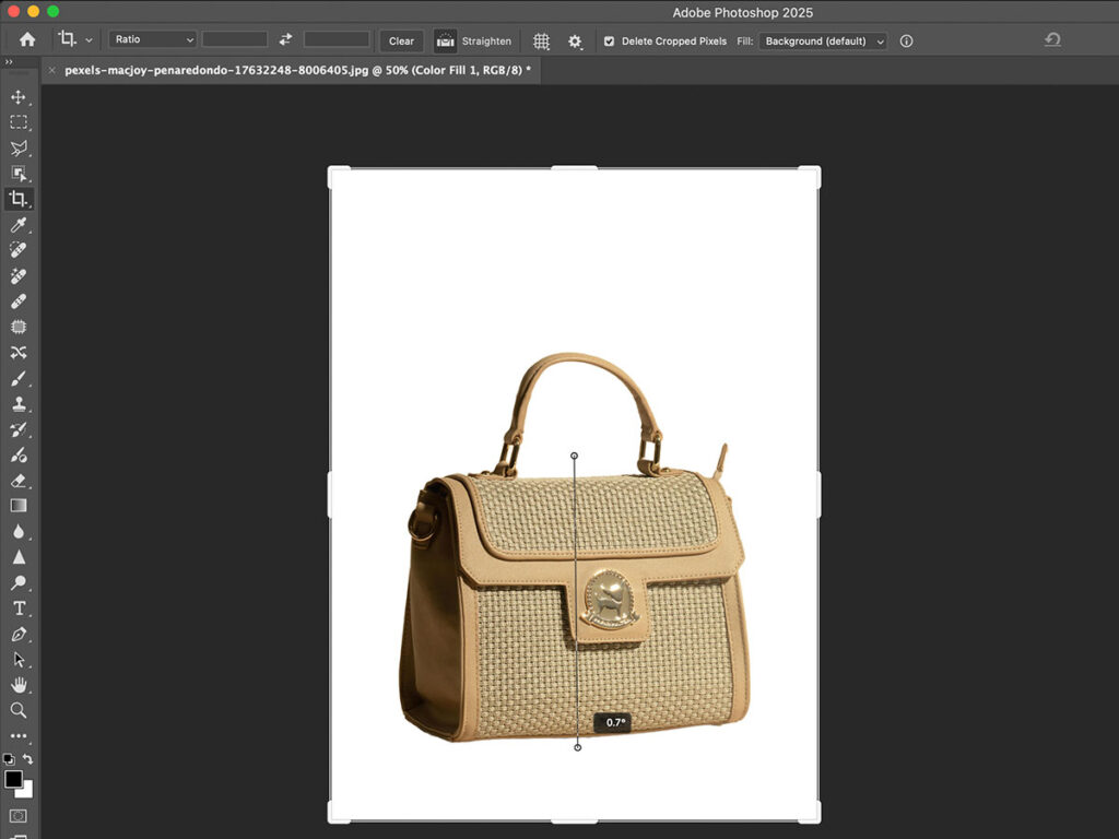 Editing an image in Adobe Photoshop, with instructions to straighten and use Cmd + Z to undo adjustments.