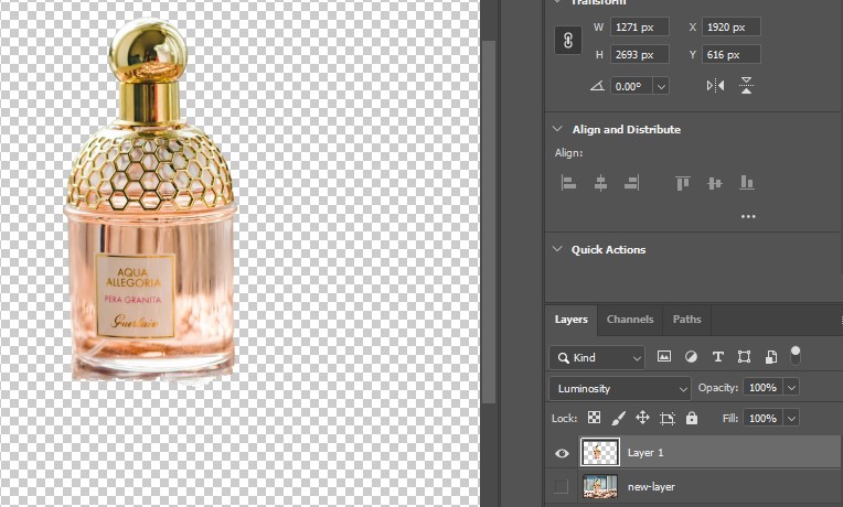 An image of a perfume bottle is displayed in Photoshop, where the background has been removed with a layer mask.