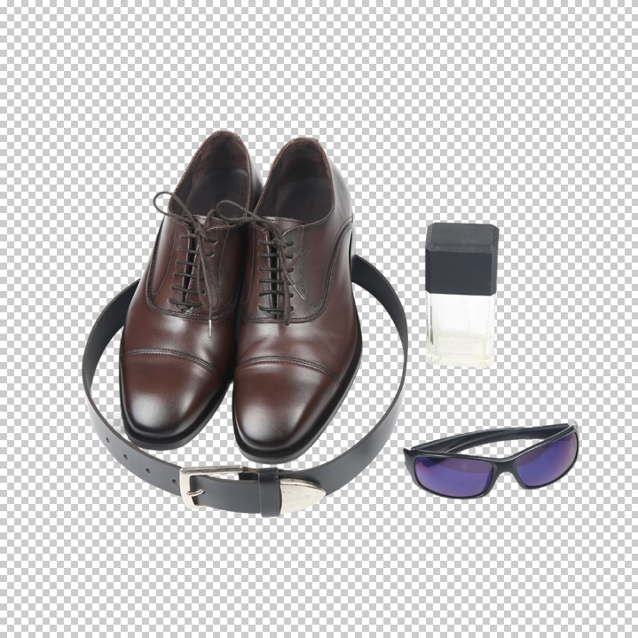 Brown shoes, stylish sunglasses, and a matching belt showcased against a clean backdrop, highlighting the items.