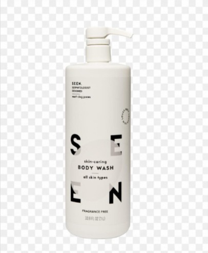 A bottle of body wash displayed against a clean white background, emphasizing its sleek design and vibrant label.