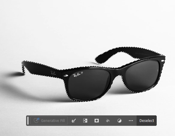 Photoshop interface showing AI auto-selecting the main subject using the Select Subject button.