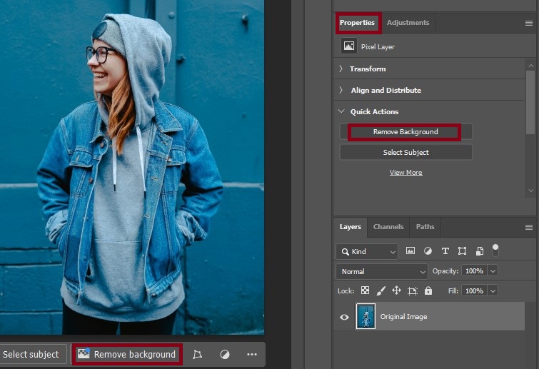 Adding a text layer to a photo in Photoshop using the Quick Action Tool under Properties settings.