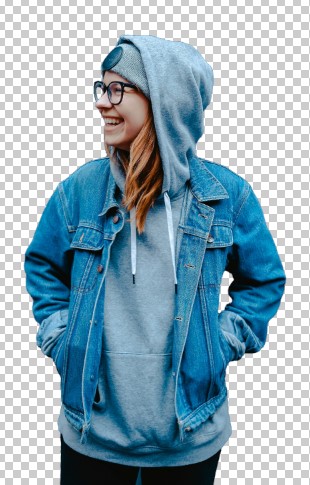 A girl in a hoodie and denim jacket, showcasing refined image edges with a transparent background.