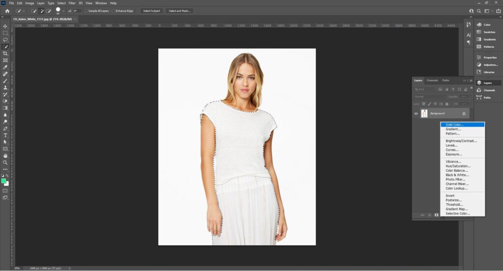 Image of Adobe Photoshop showing the process of creating a Solid Color Layer from the layer panel.