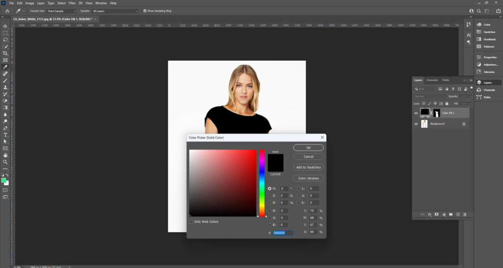 Image of Adobe Photoshop showing a color palette for selecting or inputting color codes for editing a selected area.