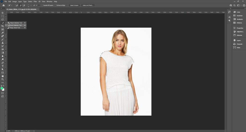 Image of Adobe Photoshop interface showing the Quick Selection tool and the Select Subject option in use.