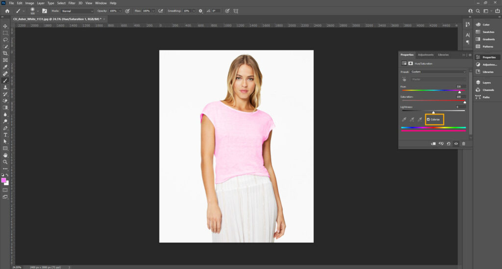 Image of Adobe Photoshop editing, focusing on the Hue/Saturation properties and color adjustments in the Properties panel.