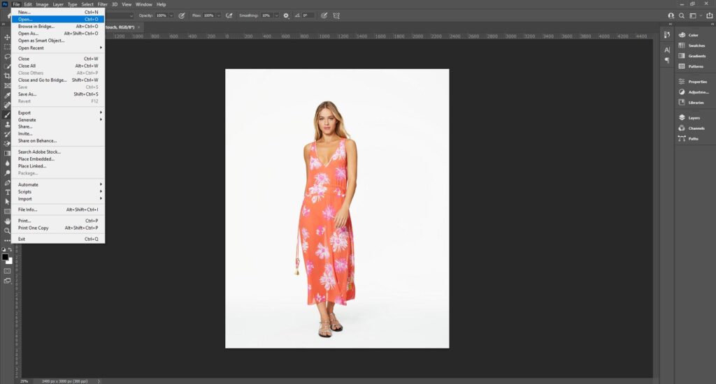 Image of Adobe Photoshop interface showing the File menu and selection tools for editing an image.