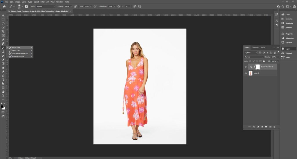 Screenshot of Adobe Photoshop, demonstrating layer mask refinement with brush tools.