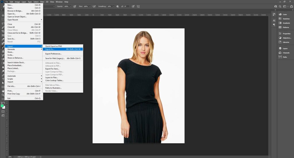 Image of Photoshop interface showing editing tools and the "Save As" option in the File menu for saving images.
