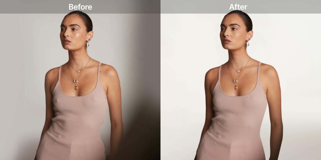 A woman in a pink dress shown before and after photo retouching