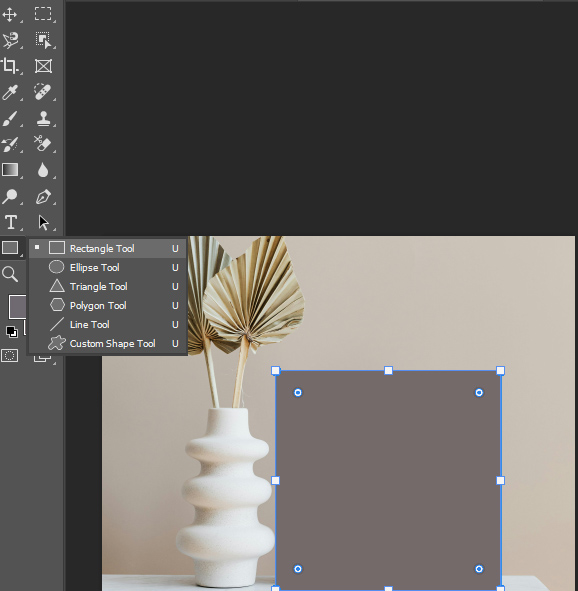 Adobe Photoshop interface displaying the photo editing tool with the Shape Tool (U) selected for shape creation.