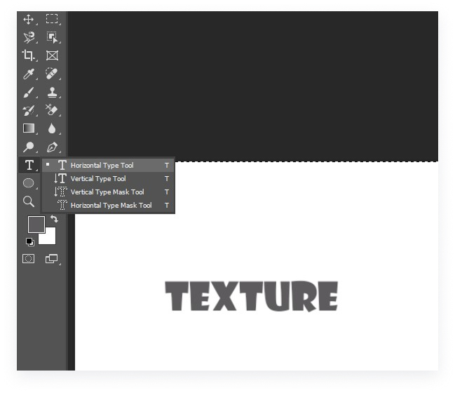 Text texture creation in Adobe Photoshop, showing the Horizontal Type tool and options for font, size, and color selection.