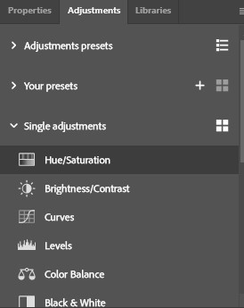 Hue and Saturation properties panel
