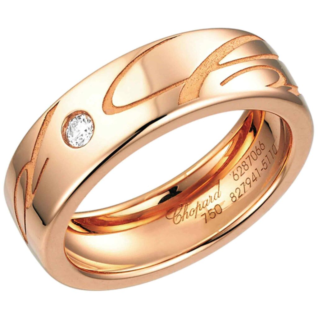 Rose gold wedding ring featuring close shot photography