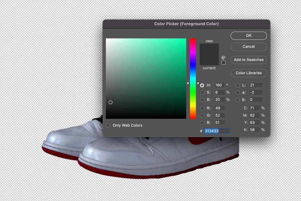 An image of a shoe with a color picker and a white shoe, demonstrating how to choose a background color.
