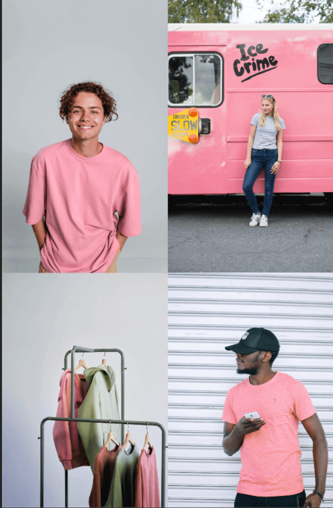 A collage featuring diverse individuals wearing pink clothing, showcasing a consistent visual theme for branding purposes.