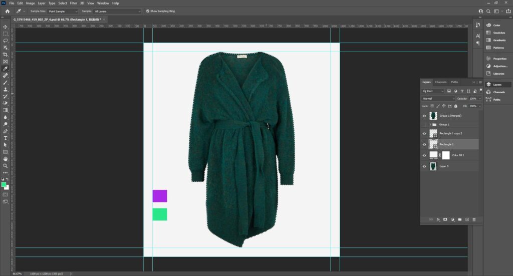 An image depicting a sweater design process in Photoshop, highlighting the Eyedropper tool for color matching.
