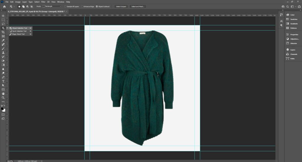 Sweater dress design in Photoshop, showcasing selection tools for recoloring and edge refinement techniques.