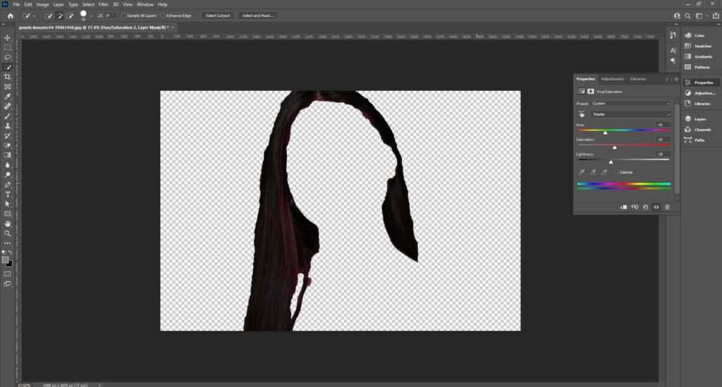 Image of Adobe Photoshop editing, focusing on color adjustments for hair using Hue/Saturation adjustment layer.