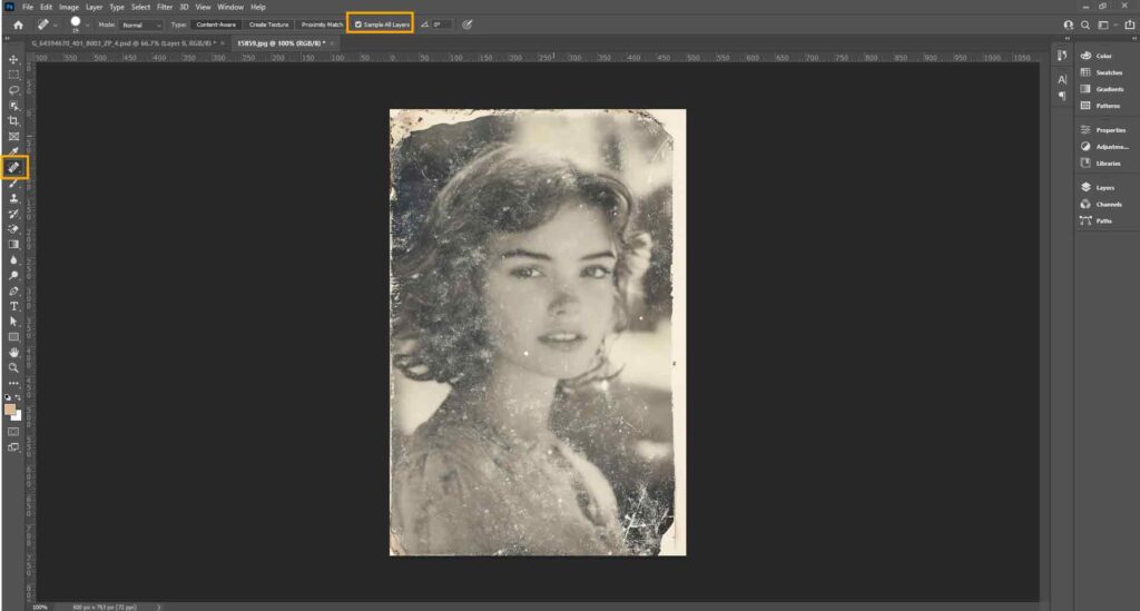 Image of Adobe Photoshop editing, focusing on using the Spot Healing Brush Tool for non-destructive blemish removal.