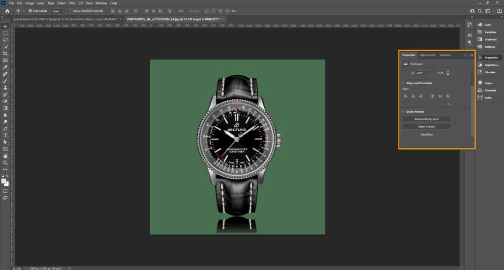 A watch displayed in Adobe Photoshop, with options for removing the background using Properties or the Pen tool.