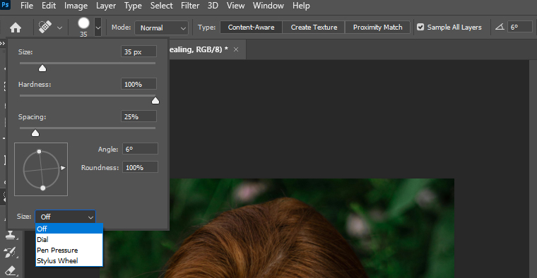 An image being edited in Adobe Photoshop, showcasing adjustments to the toolbar settings.