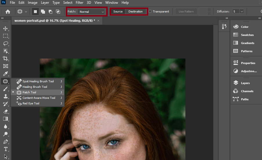 An image being edited in Adobe Photoshop, showcasing the Patch tool settings with Normal, Source, and Diffusion options.