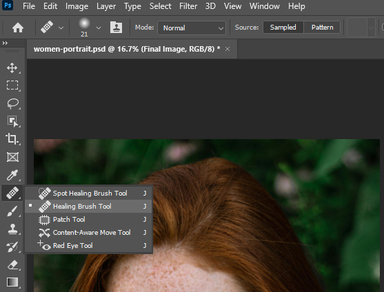 An image being edited in Photoshop, showcasing the Healing Brush Tool in its designated location on the interface.