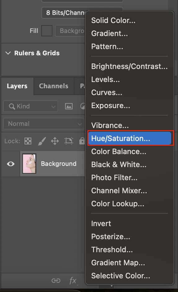 Create a hue or saturation adjustment layer