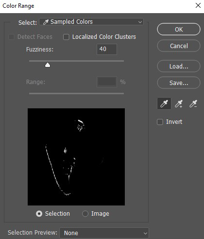 Photoshop Color Range dialog box showing eyedropper tool selecting color with fuzziness adjustment.