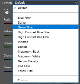 Color picker in Photoshop showing default grayscale setting with options to select presets from a drop-down menu.