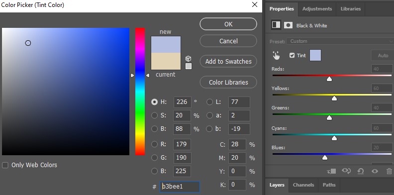 Color picker in Adobe Photoshop, showing options to select a color and apply a tint by checking the Tint box.