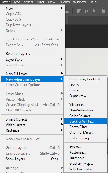 Layer menu in Adobe Photoshop showing options to create a Black and White Adjustment Layer.
