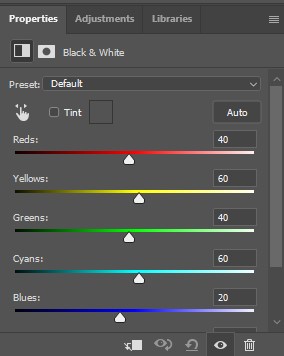 Black & White adjustment icon in Photoshop resembling two gray squares.