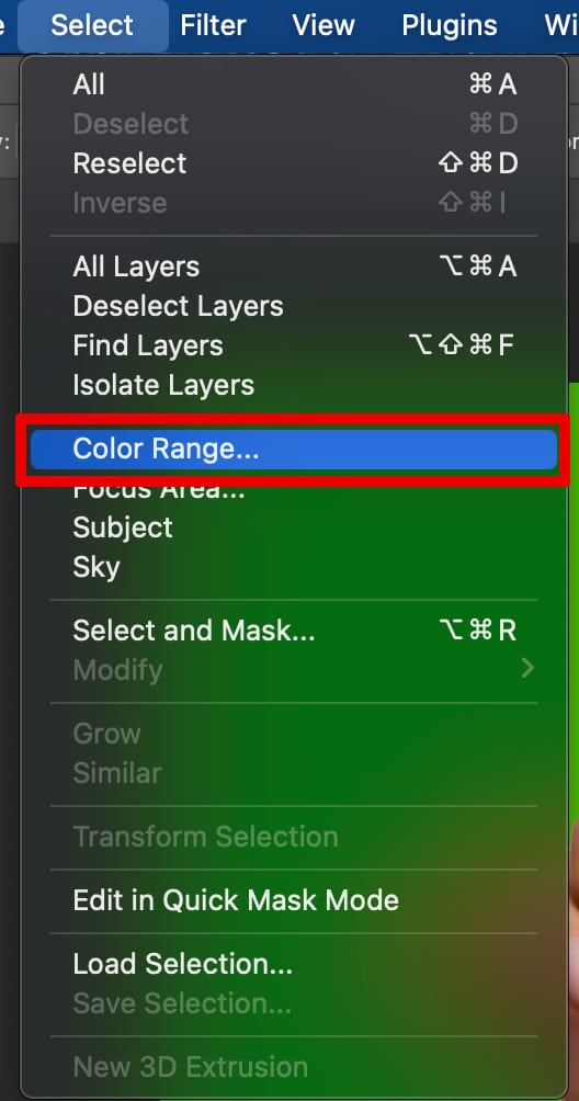 Using the select color range tool in step one