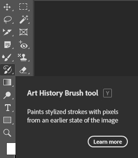 Image of the Art History Brush Tool in Adobe Photoshop, showcasing its interface and options for artistic effects.