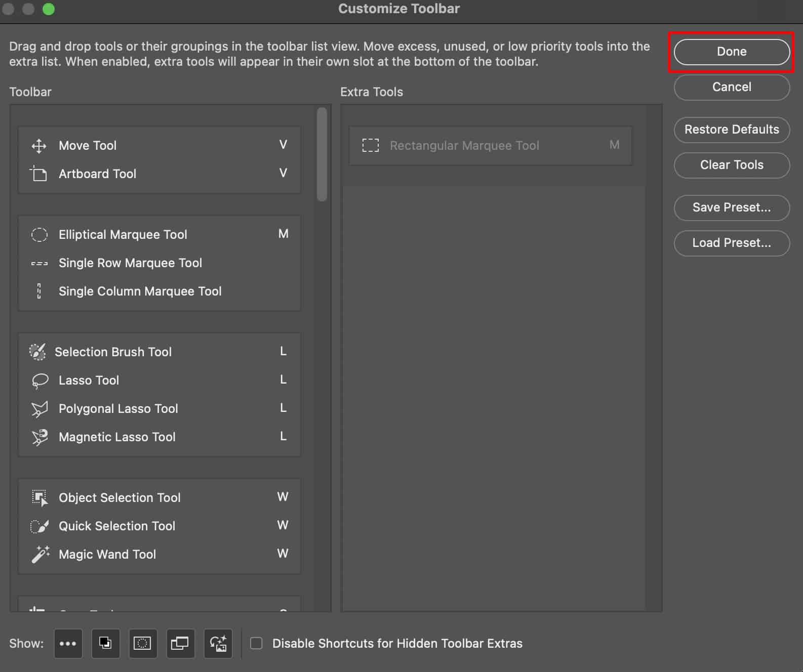 Image of Adobe Photoshop's settings dial option to reset the toolbar to default settings.