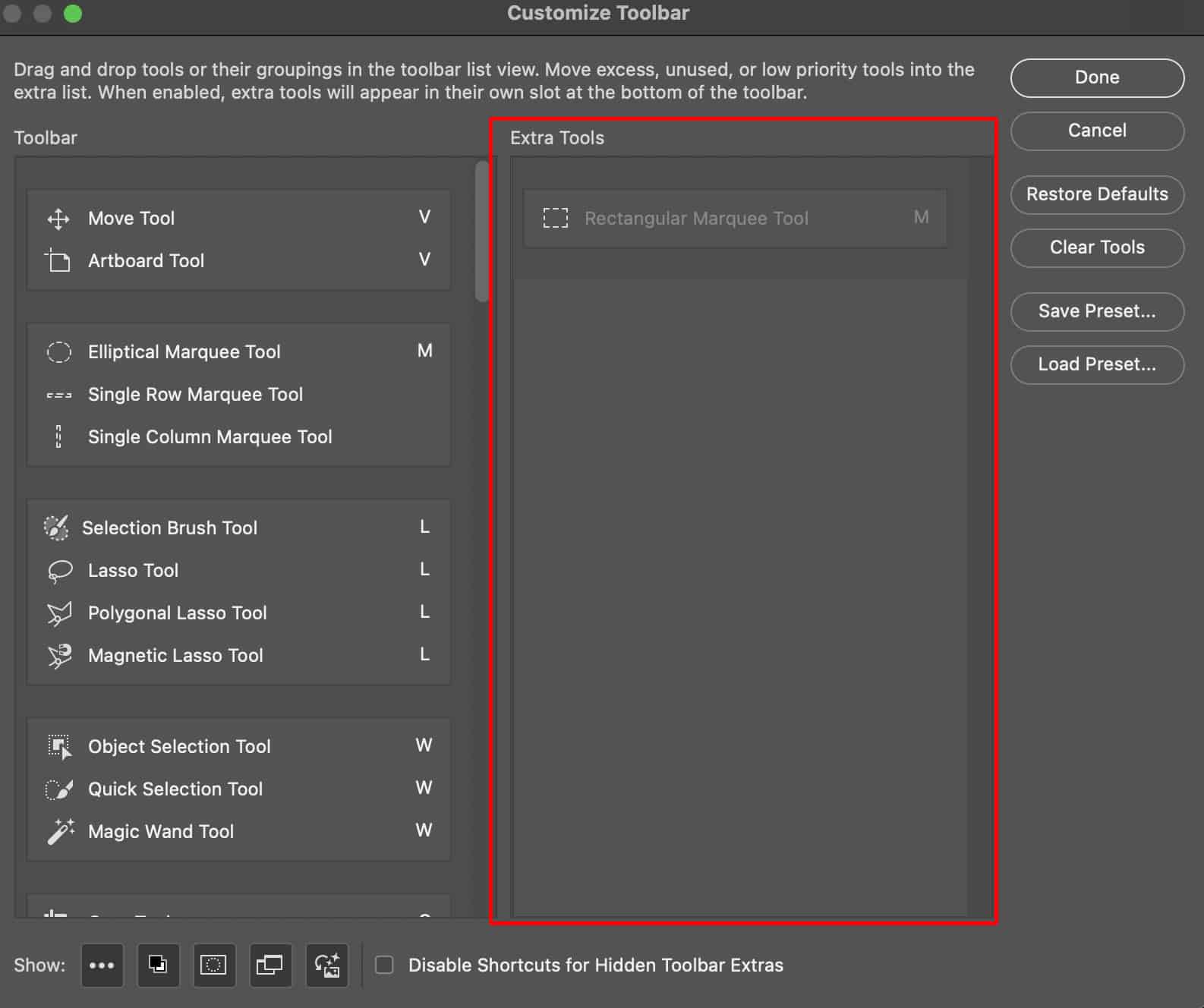 Image showing the Adobe Photoshop app settings dialed in, with a focus on the customized toolbar and hidden unused tools.