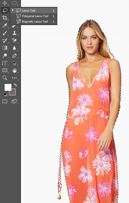 Visual guide on creating a pattern in Photoshop, highlighting the use of the Lasso Tool for precise selections.