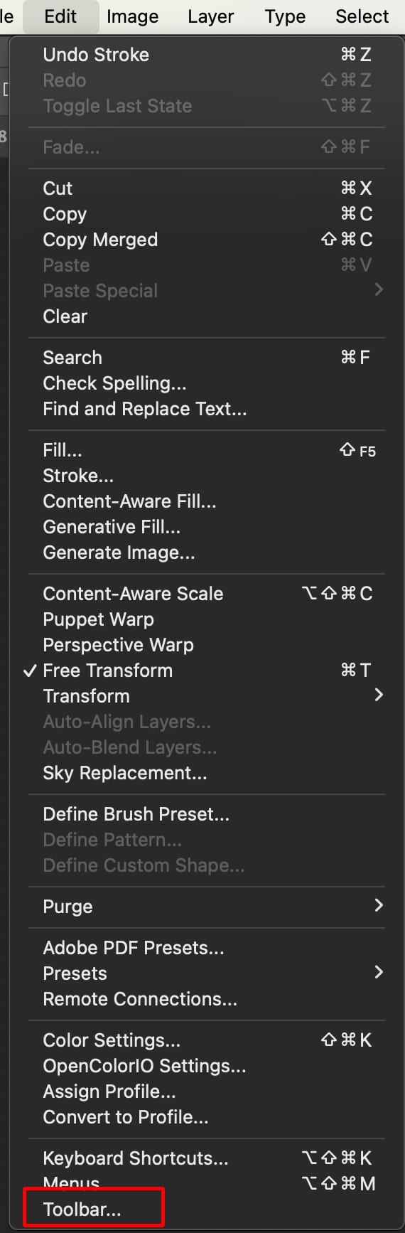 Image of Adobe Photoshop's settings menu, showcasing the toolbar options.