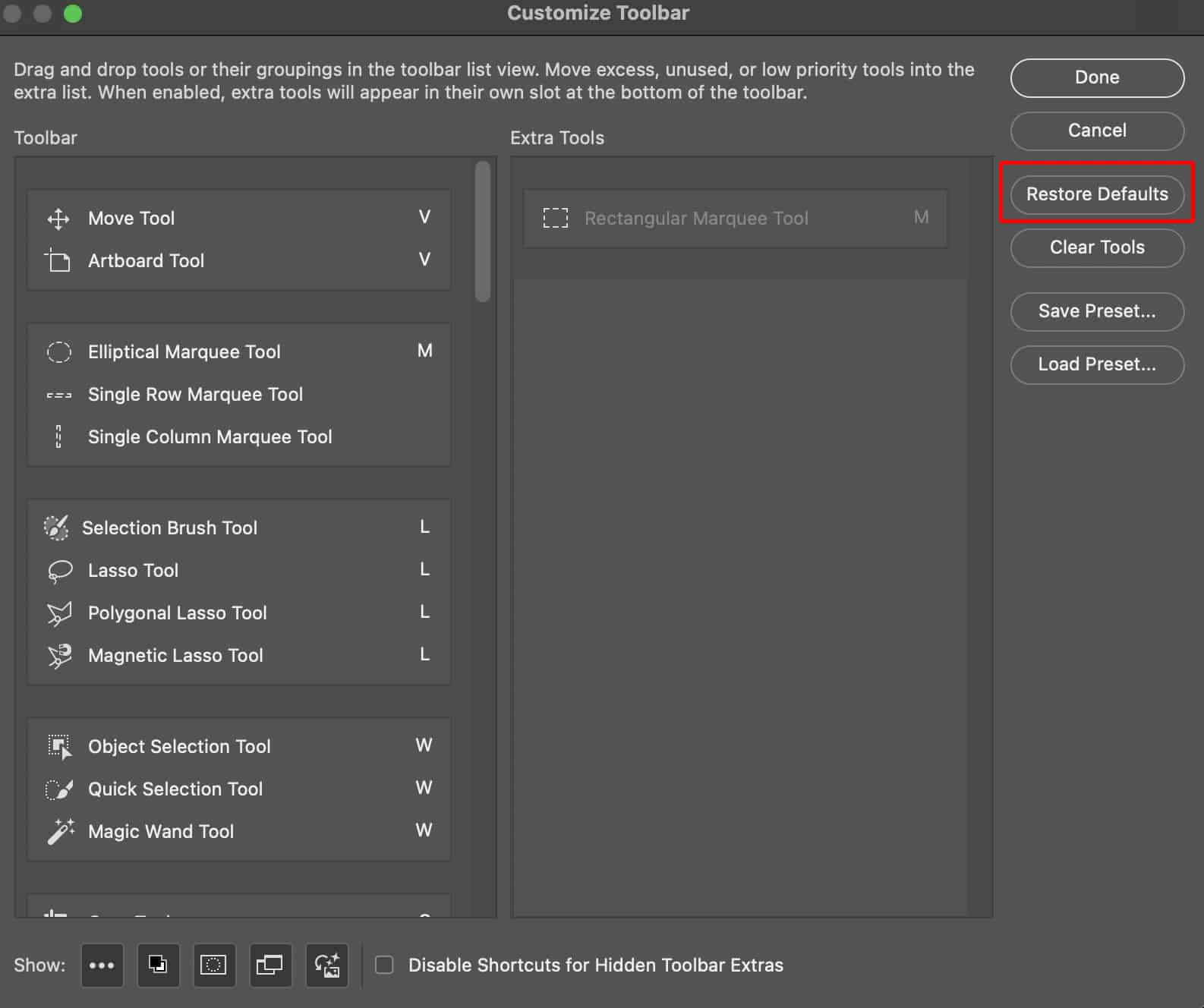 Image of Adobe Photoshop's settings dial, highlighting the Restore Defaults button in the Customize Toolbar window.