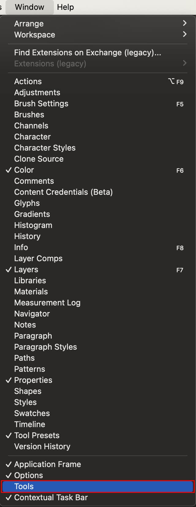 Image of the app store settings menu, highlighting the Tools option in the dropdown under the Window menu for toolbar access.