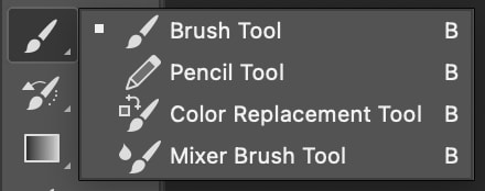 The brush tool in Photoshop displayed, showcasing its various hidden options available in the toolbar for artistic editing.