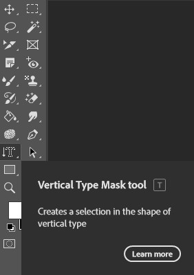 Adobe Photoshop's Vertical Type Mask Tool displayed.
