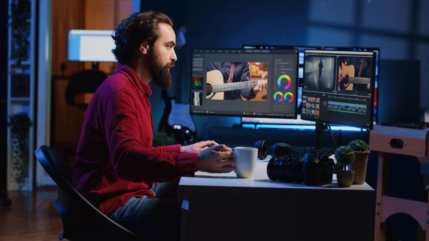 A freelance videographer working at a desk with two monitors, focused on editing.